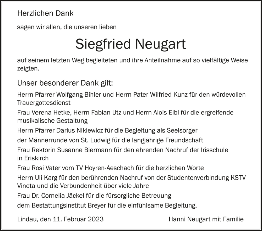  Traueranzeige für Siegfried Neugart vom 11.02.2023 aus Schwäbische Zeitung