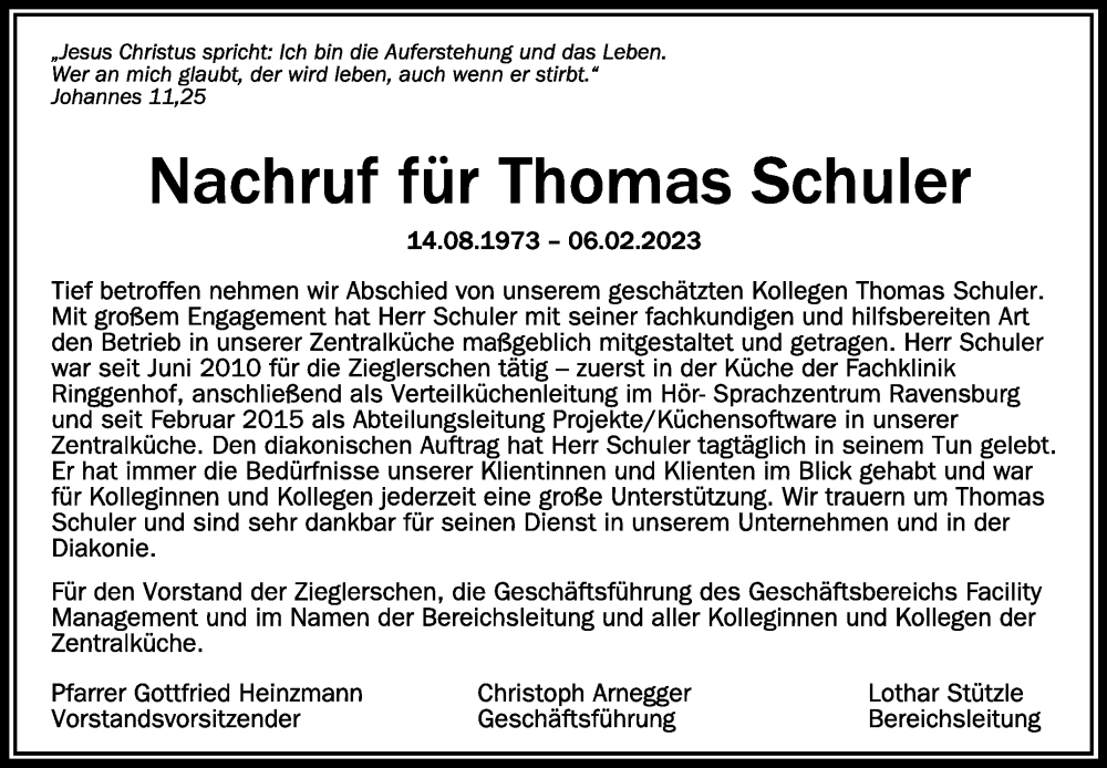  Traueranzeige für Thomas Schuler vom 18.02.2023 aus Schwäbische Zeitung