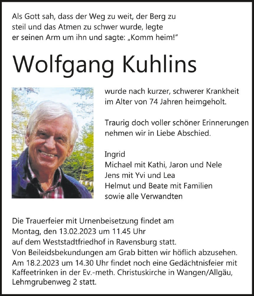  Traueranzeige für Wolfgang Kuhlins vom 04.02.2023 aus Schwäbische Zeitung