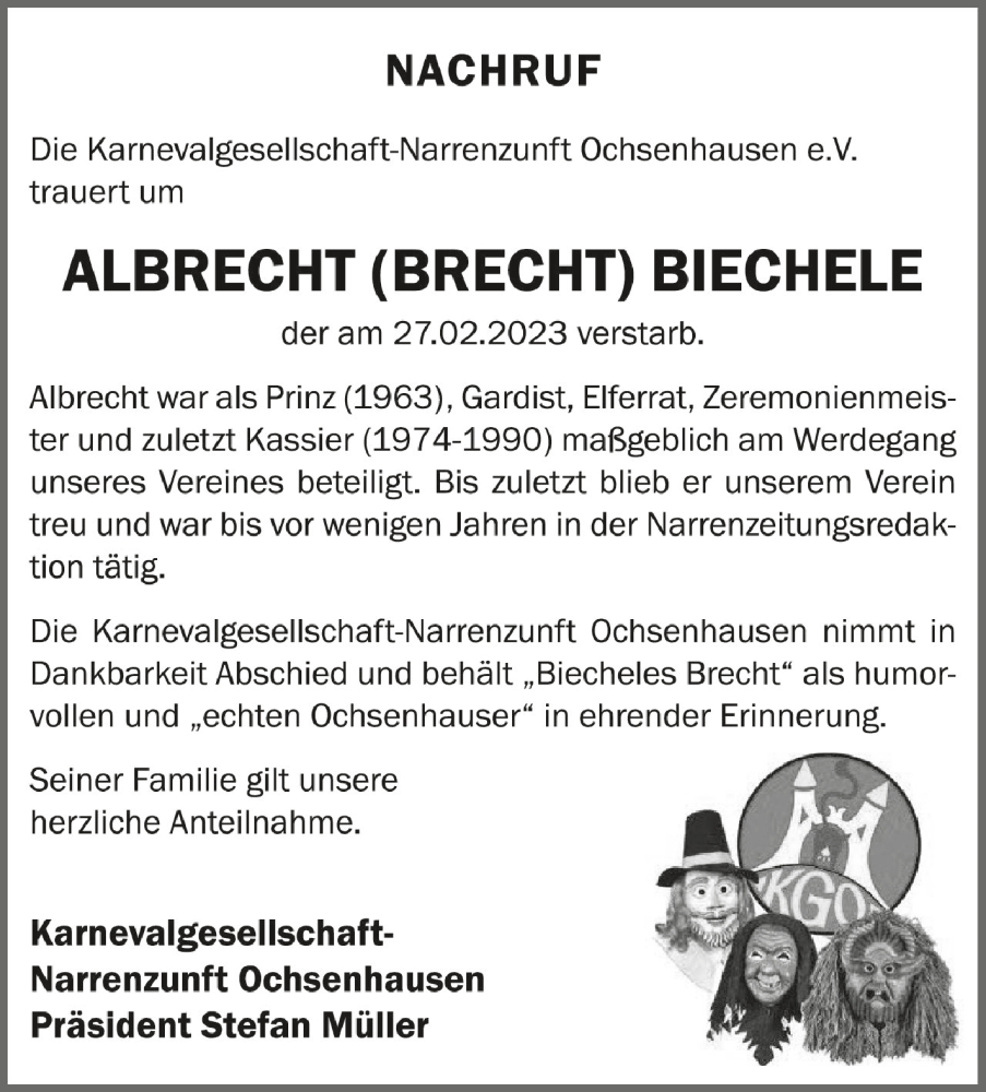  Traueranzeige für Albrecht Biechele vom 11.03.2023 aus Schwäbische Zeitung