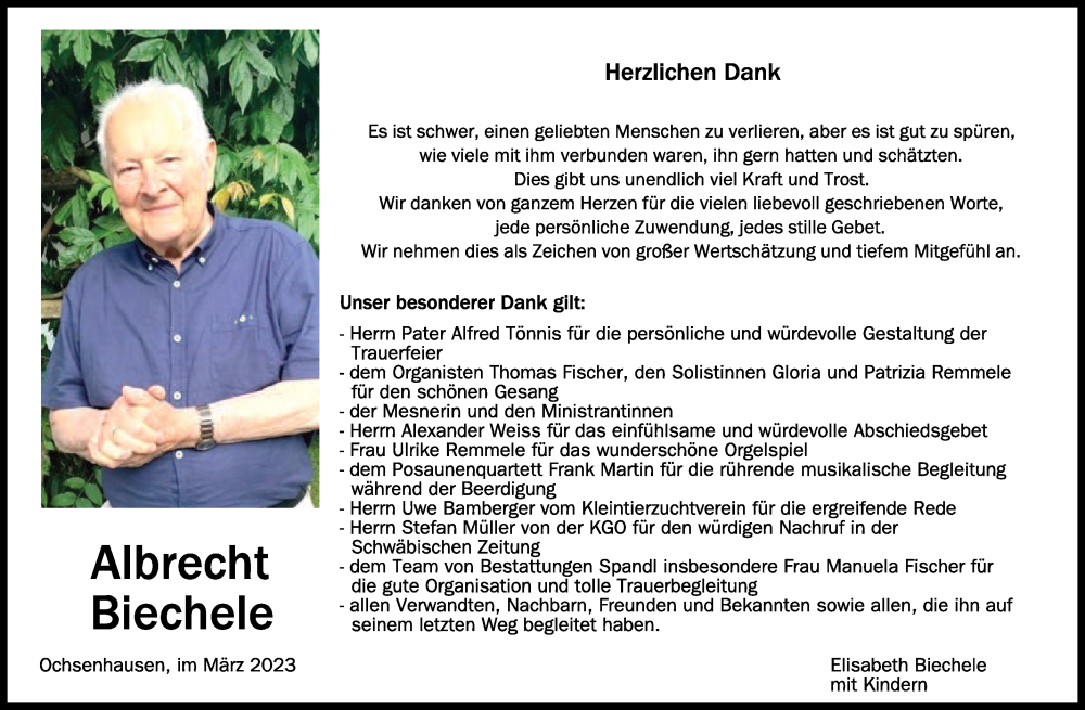  Traueranzeige für Albrecht Biechele vom 18.03.2023 aus Schwäbische Zeitung