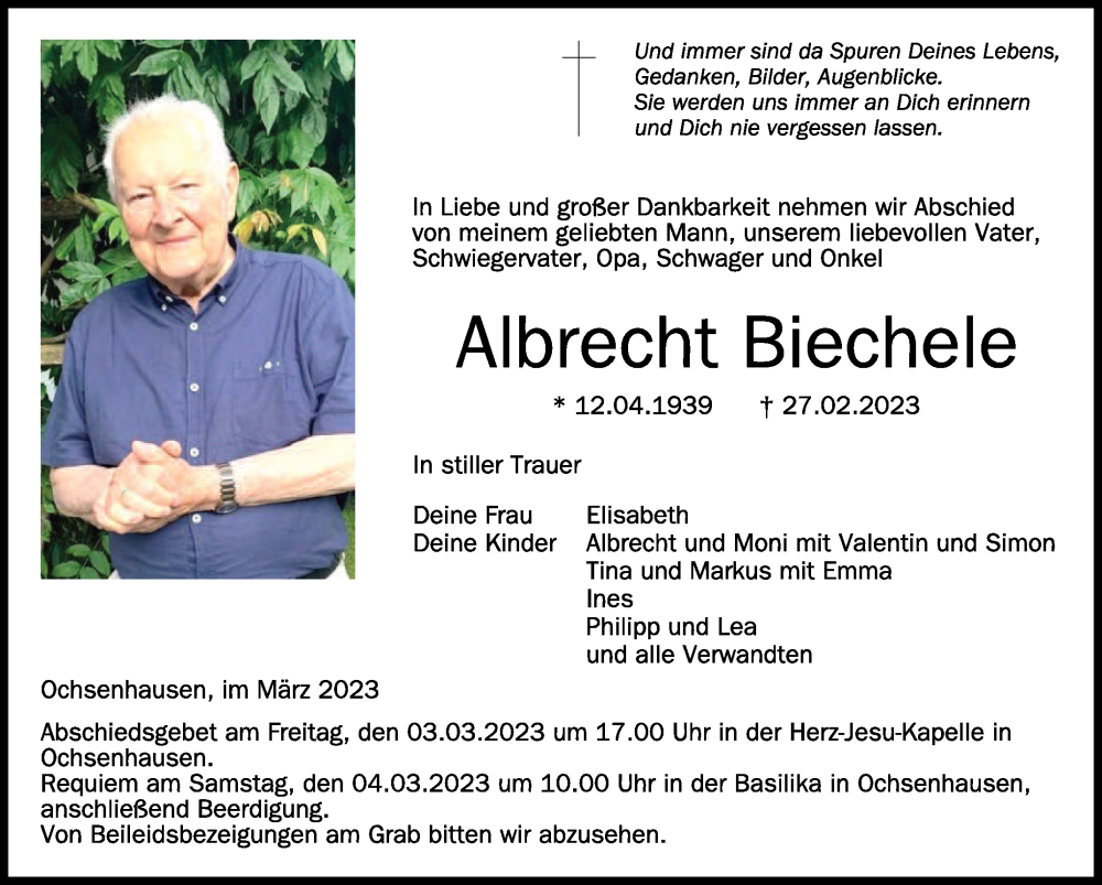  Traueranzeige für Albrecht Biechele vom 02.03.2023 aus Schwäbische Zeitung