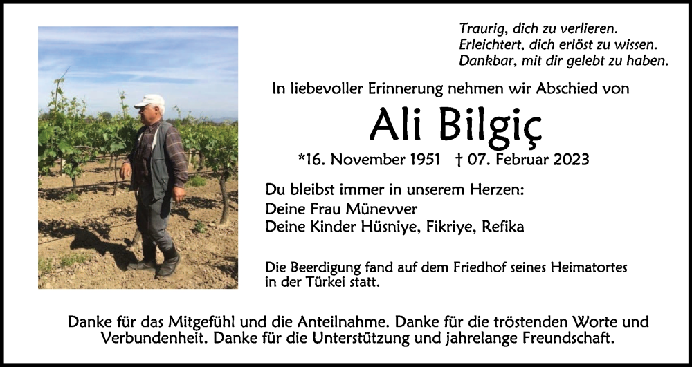  Traueranzeige für Ali Bilgic vom 11.03.2023 aus Schwäbische Zeitung