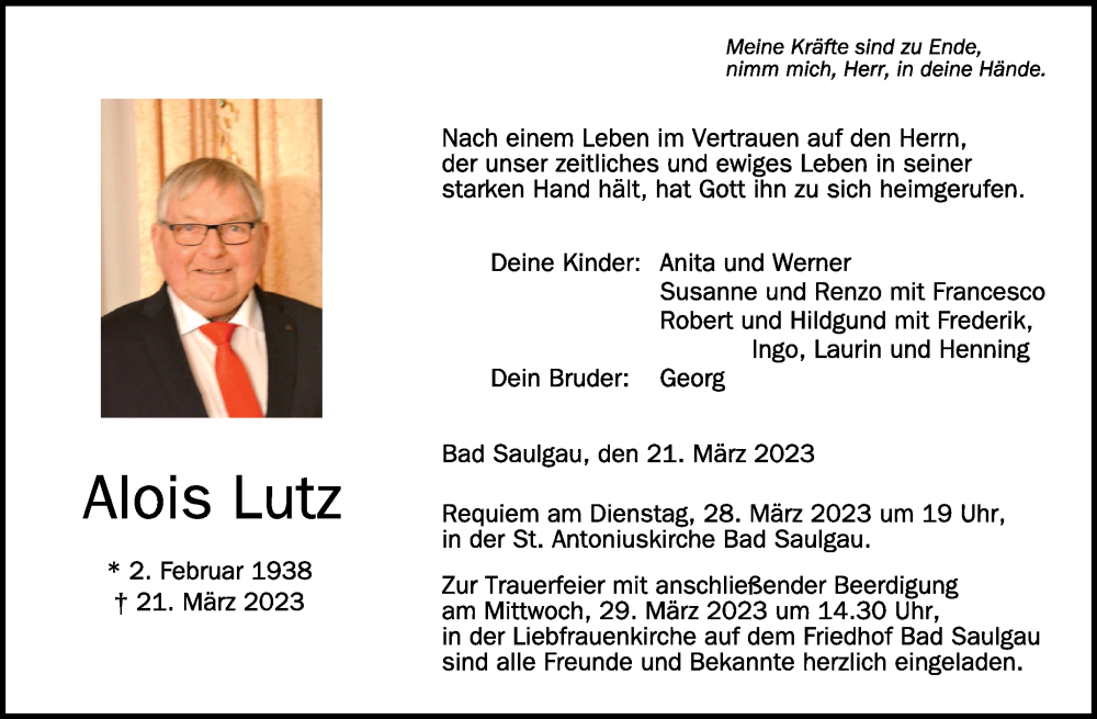  Traueranzeige für Alois Lutz vom 25.03.2023 aus Schwäbische Zeitung