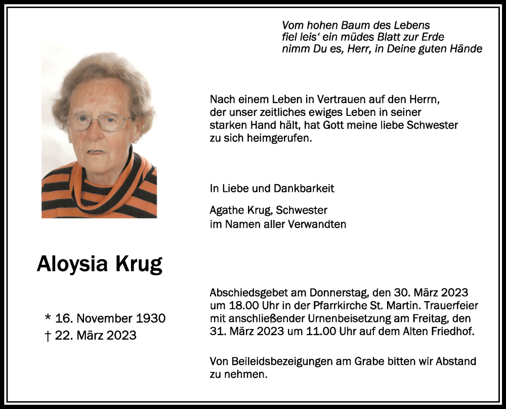  Traueranzeige für Aloysia Krug vom 25.03.2023 aus Schwäbische Zeitung