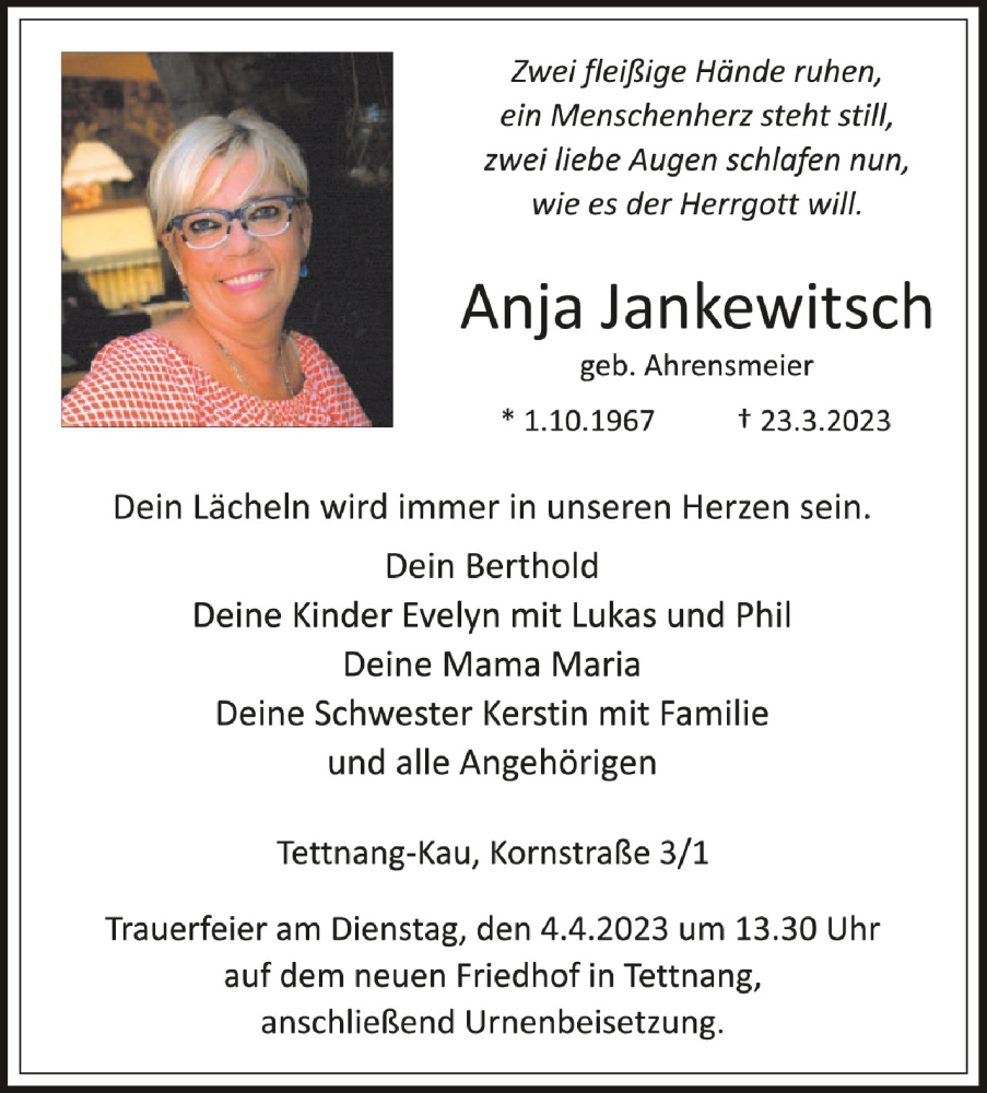  Traueranzeige für Anja Jankewitsch vom 27.03.2023 aus Schwäbische Zeitung