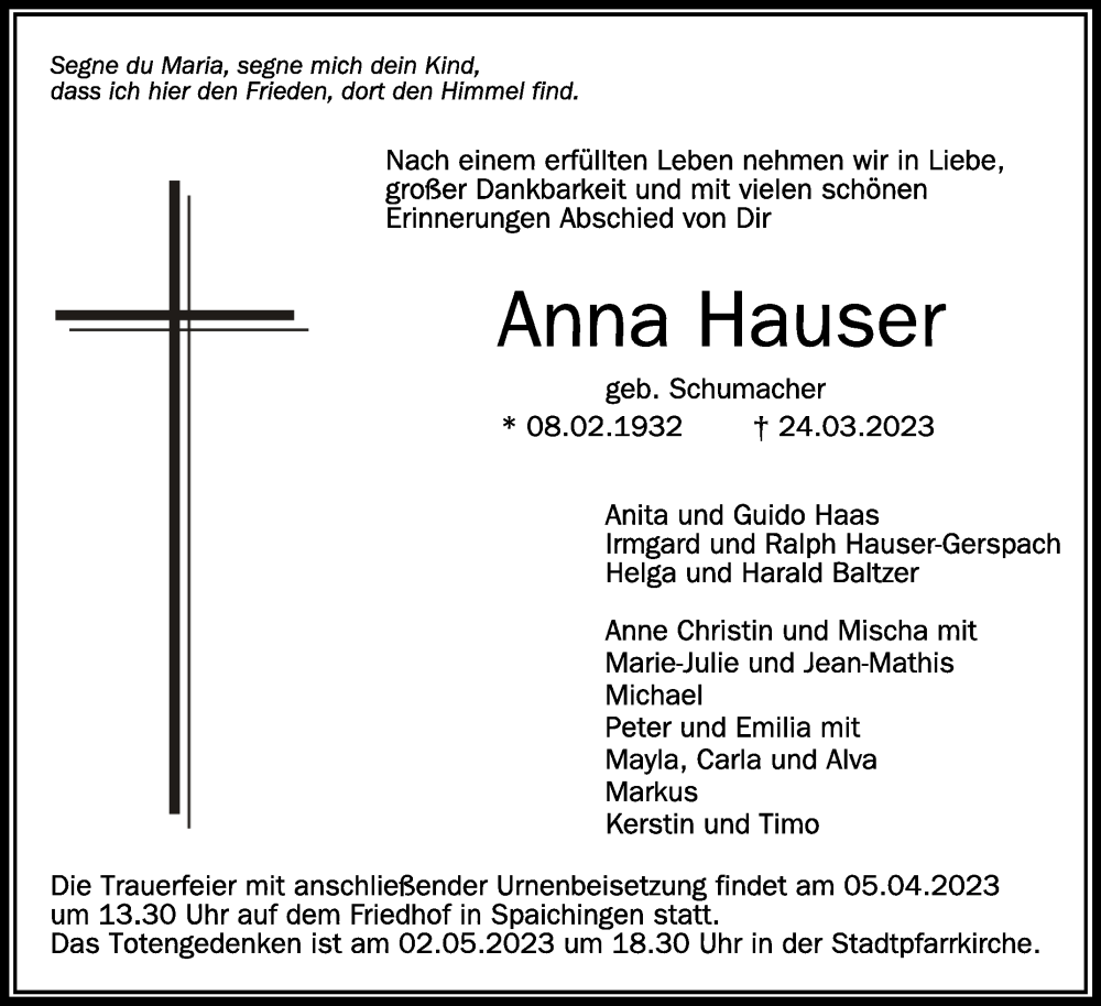 Traueranzeigen von Anna Hauser | schwaebische.de Trauerportal