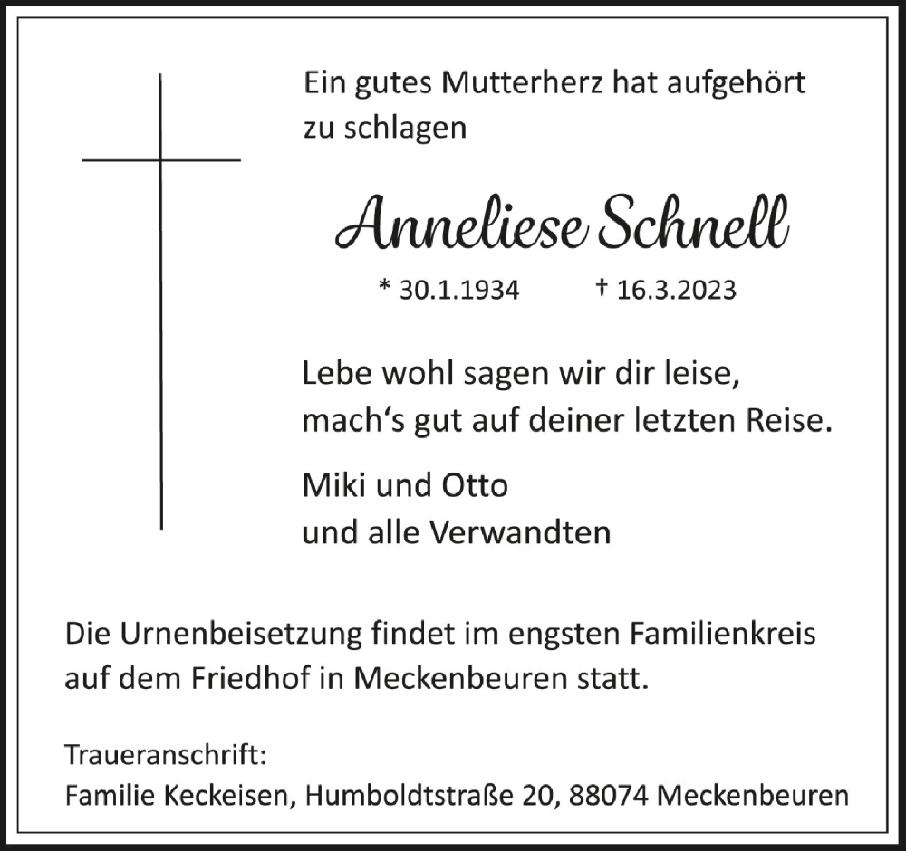  Traueranzeige für Anneliese Schnell vom 18.03.2023 aus Schwäbische Zeitung