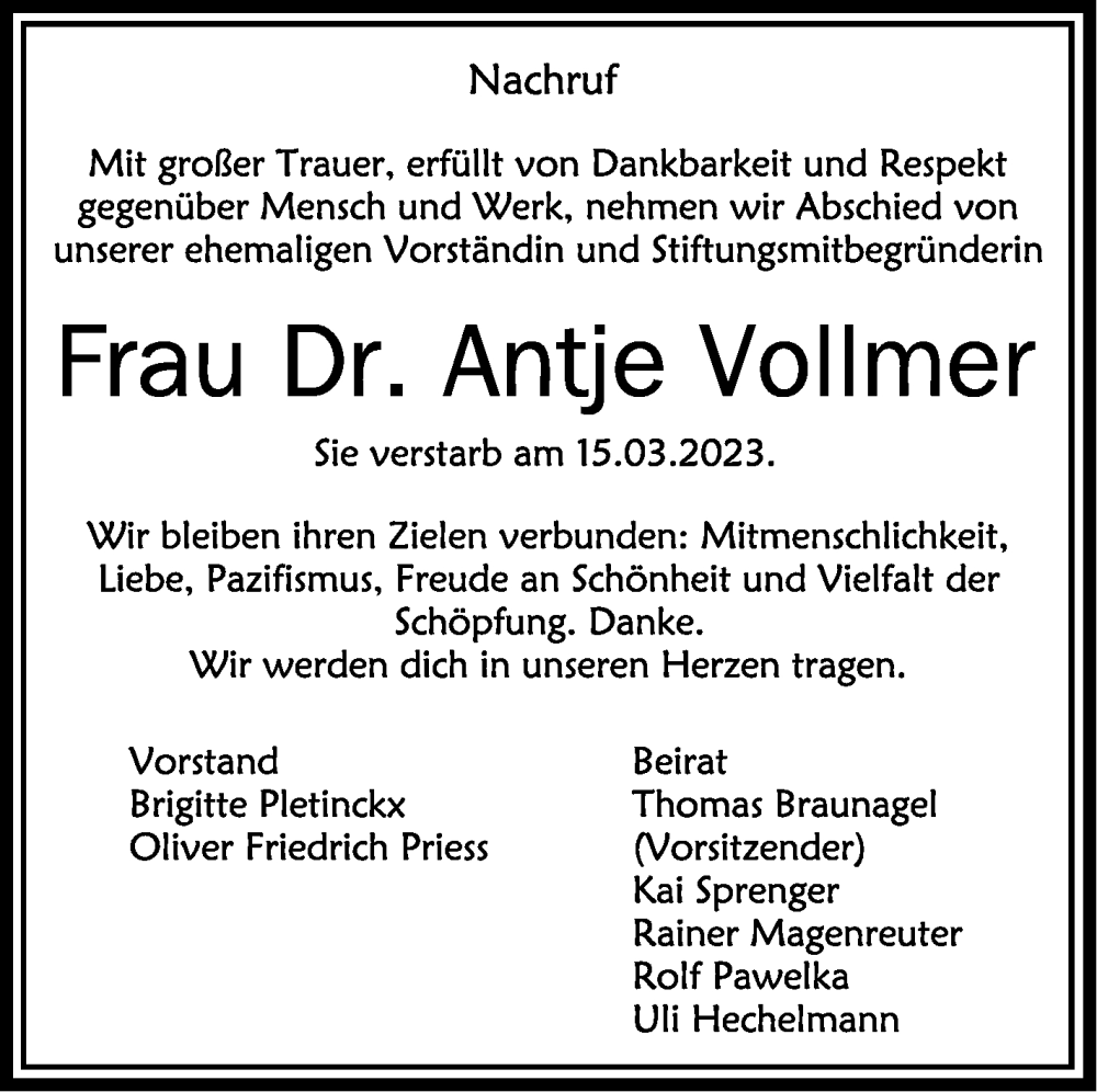  Traueranzeige für Antje Vollmer vom 01.04.2023 aus Schwäbische Zeitung