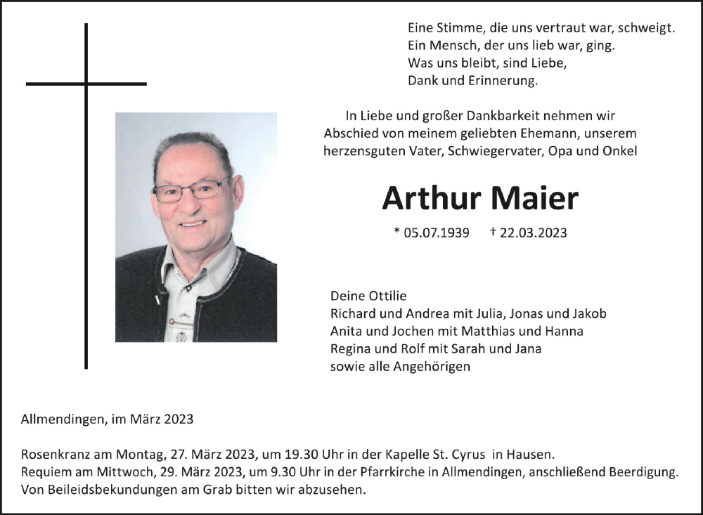  Traueranzeige für Arthur Maier vom 25.03.2023 aus Schwäbische Zeitung