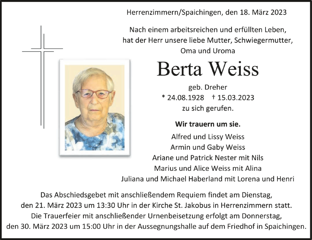  Traueranzeige für Berta Weiss vom 18.03.2023 aus Schwäbische Zeitung