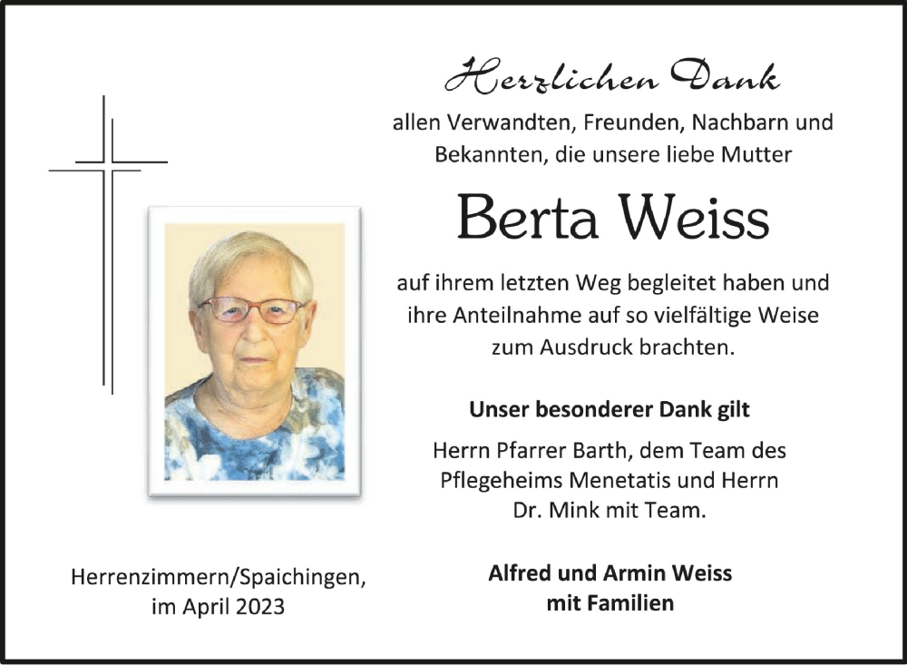  Traueranzeige für Berta Weiss vom 01.04.2023 aus Schwäbische Zeitung