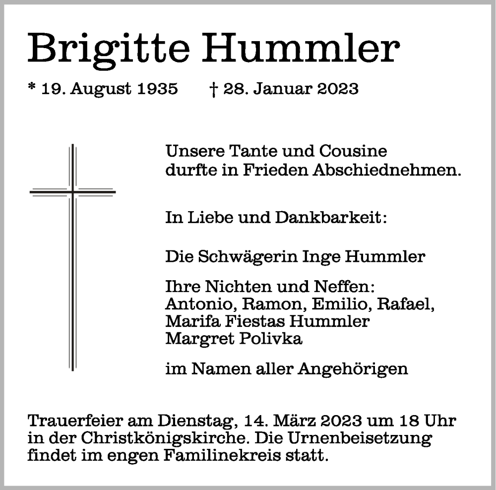  Traueranzeige für Brigitte Hummler vom 09.03.2023 aus Schwäbische Zeitung