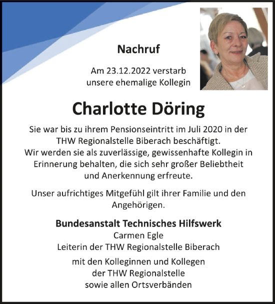 Anzeige von Charlotte Döring von Schwäbische Zeitung