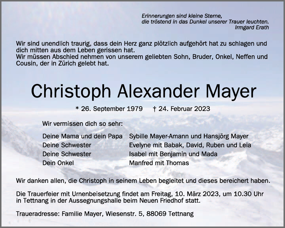  Traueranzeige für Christoph Alexander Mayer vom 04.03.2023 aus Schwäbische Zeitung