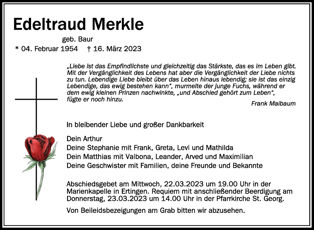  Traueranzeige für Edeltraud Merkle vom 21.03.2023 aus Schwäbische Zeitung