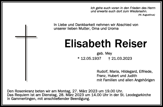 Traueranzeigen von Elisabeth Reiser | schwaebische.de Trauerportal