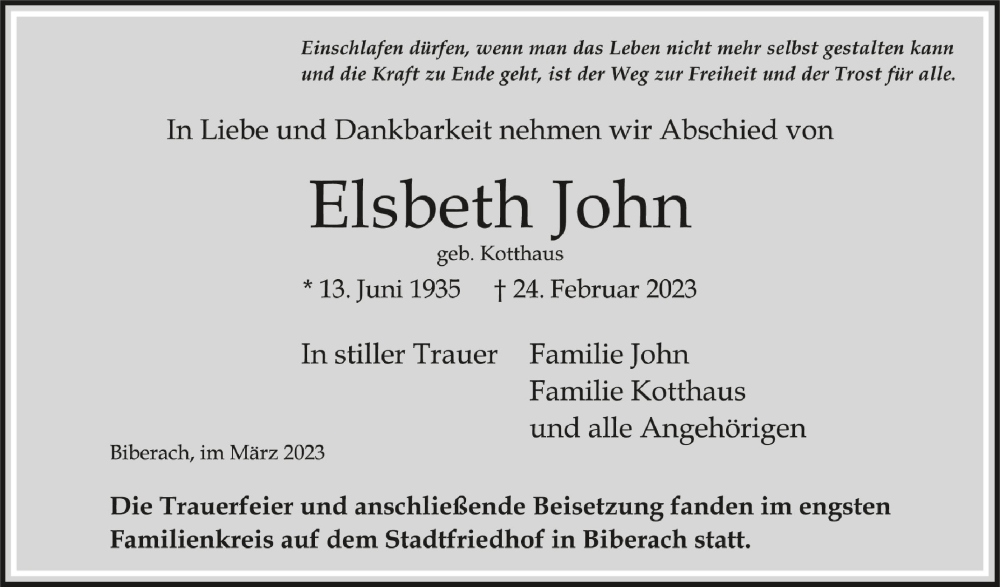 Traueranzeigen von Elsbeth John schwaebische.de Trauerportal