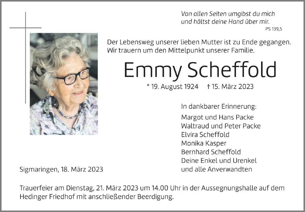  Traueranzeige für Emmy Scheffold vom 18.03.2023 aus Schwäbische Zeitung