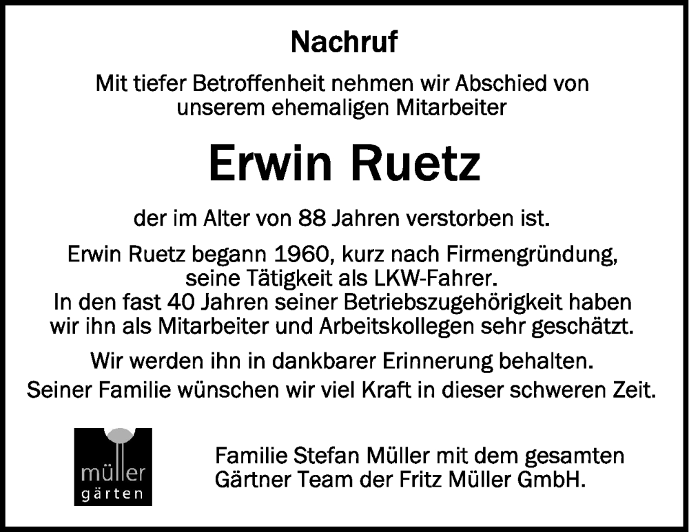  Traueranzeige für Erwin Ruetz vom 24.03.2023 aus Schwäbische Zeitung