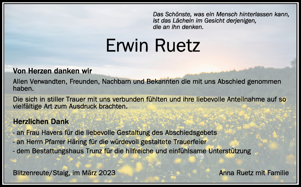  Traueranzeige für Erwin Ruetz vom 01.04.2023 aus Schwäbische Zeitung