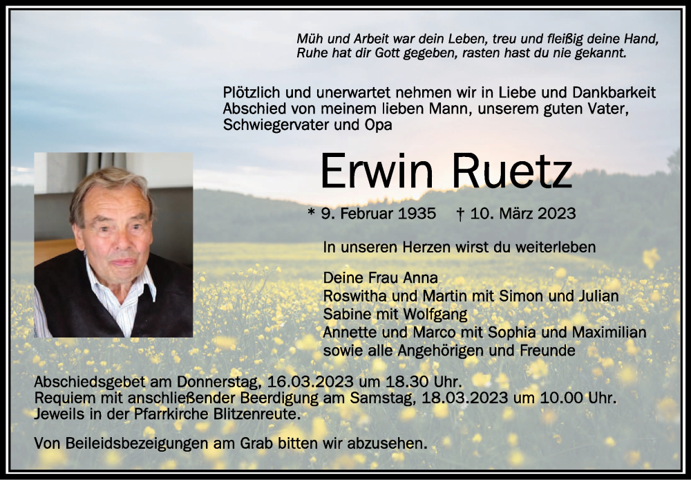  Traueranzeige für Erwin Ruetz vom 15.03.2023 aus Schwäbische Zeitung