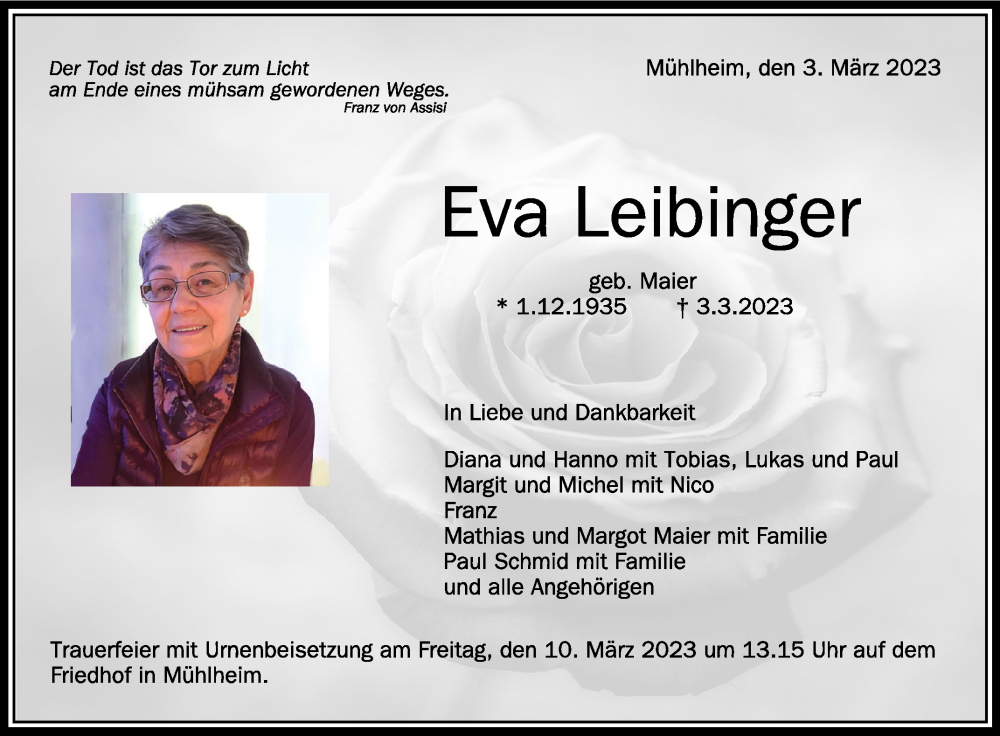  Traueranzeige für Eva Leibfinger vom 08.03.2023 aus Schwäbische Zeitung