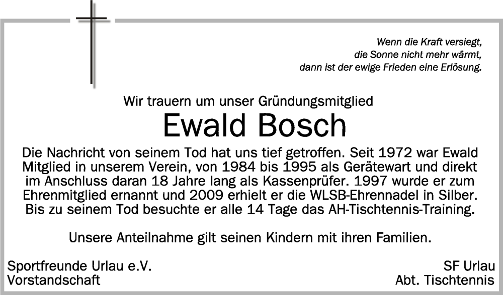  Traueranzeige für Ewald Bosch vom 29.03.2023 aus Schwäbische Zeitung