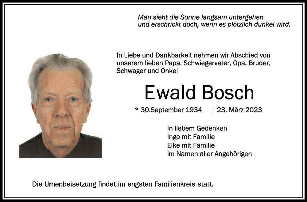  Traueranzeige für Ewald Bosch vom 25.03.2023 aus Schwäbische Zeitung