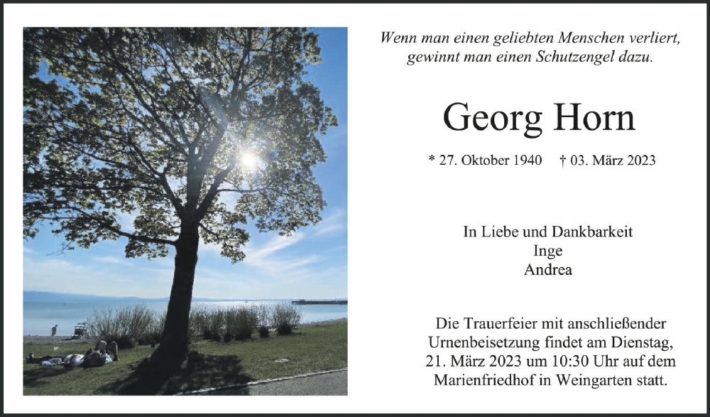  Traueranzeige für Georg Horn vom 18.03.2023 aus Schwäbische Zeitung