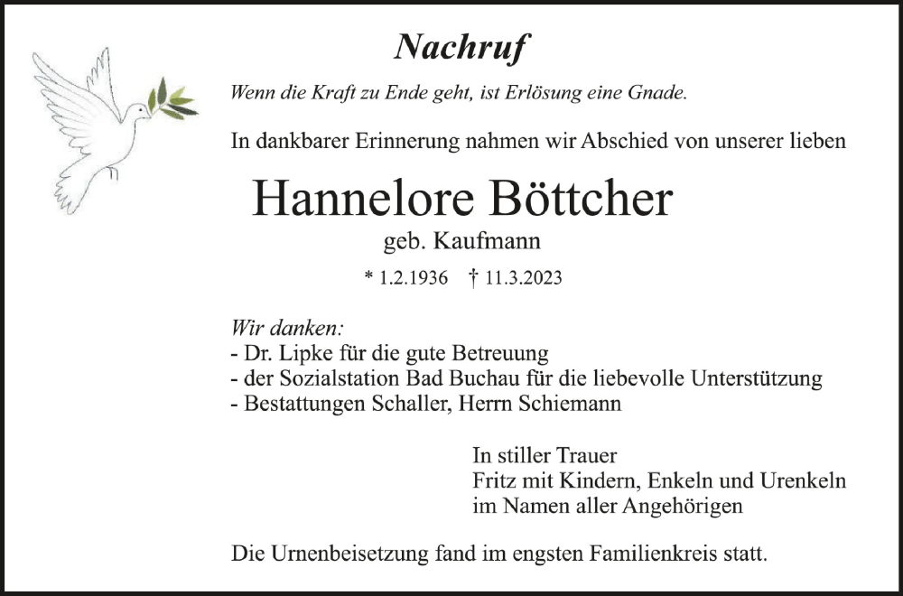  Traueranzeige für Hannelore Böttcher vom 24.03.2023 aus Schwäbische Zeitung