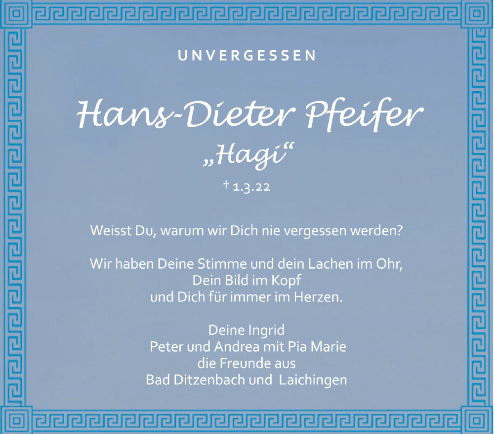  Traueranzeige für Hans-Dieter Pfeifer vom 01.03.2023 aus Schwäbische Zeitung