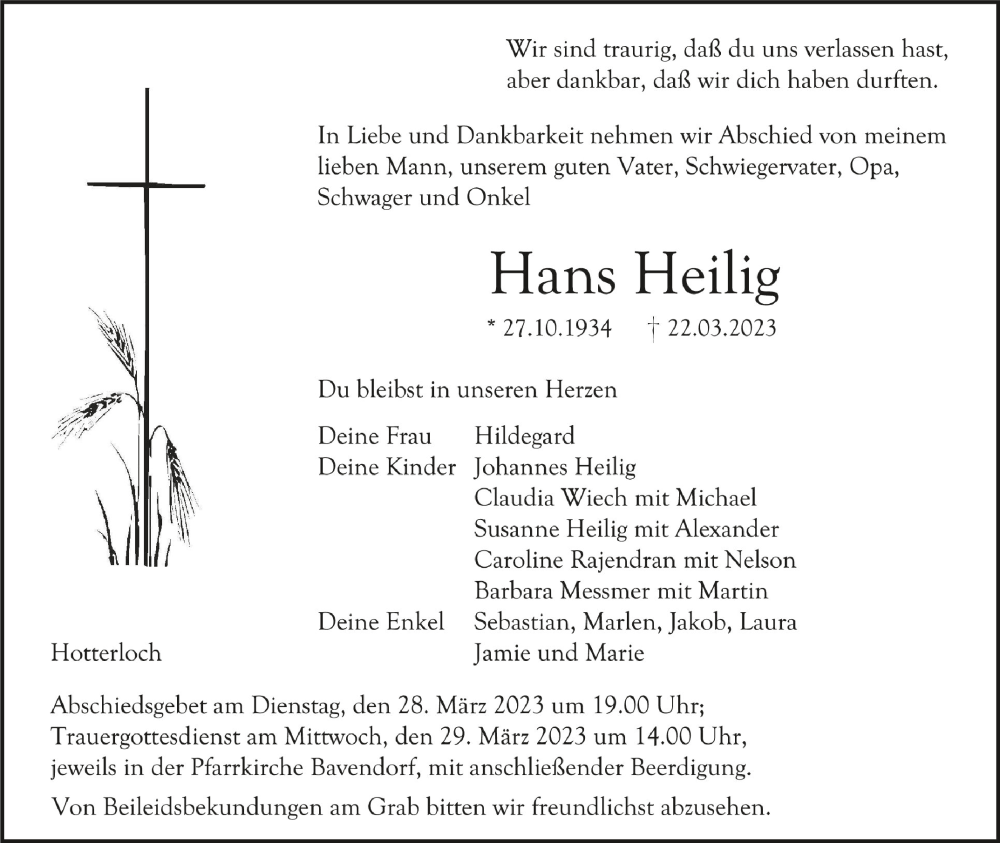  Traueranzeige für Hans Heilig vom 25.03.2023 aus Schwäbische Zeitung