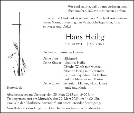 Anzeige von Hans Heilig von Schwäbische Zeitung
