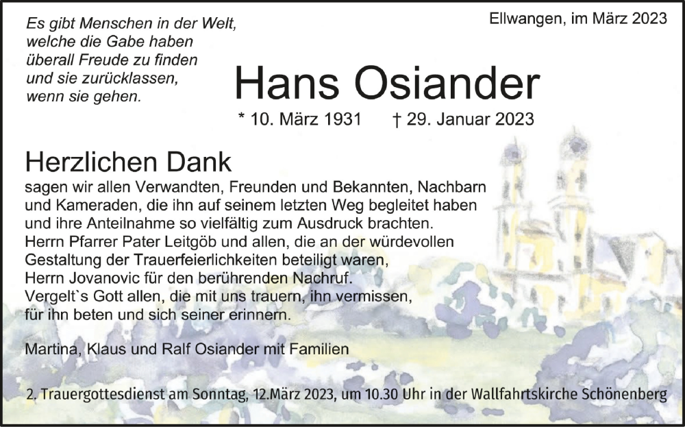  Traueranzeige für Hans Osiander vom 08.03.2023 aus Schwäbische Zeitung