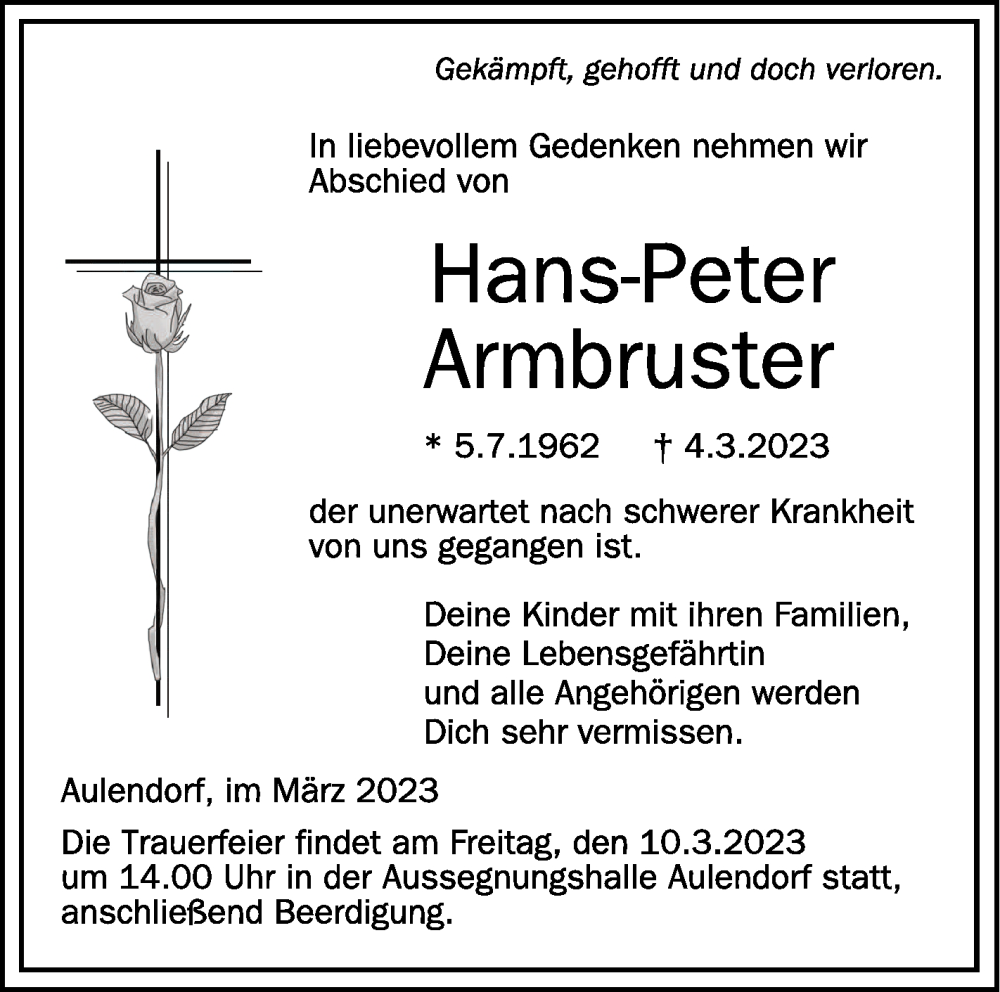  Traueranzeige für Hans-Peter Armbruster vom 08.03.2023 aus Schwäbische Zeitung