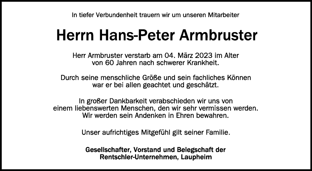  Traueranzeige für Hans-Peter Armbruster vom 10.03.2023 aus Schwäbische Zeitung