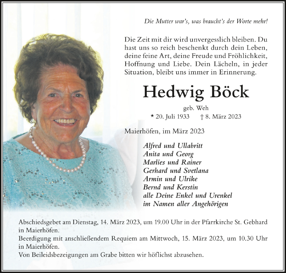  Traueranzeige für Hedwig Böck vom 11.03.2023 aus Schwäbische Zeitung