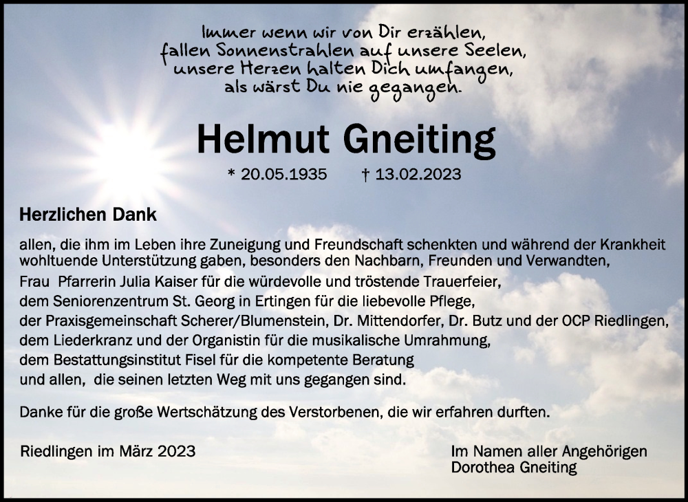  Traueranzeige für Helmut Gneiting vom 11.03.2023 aus Schwäbische Zeitung