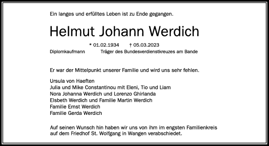 Anzeige von Helmut Johann Werdich von Schwäbische Zeitung