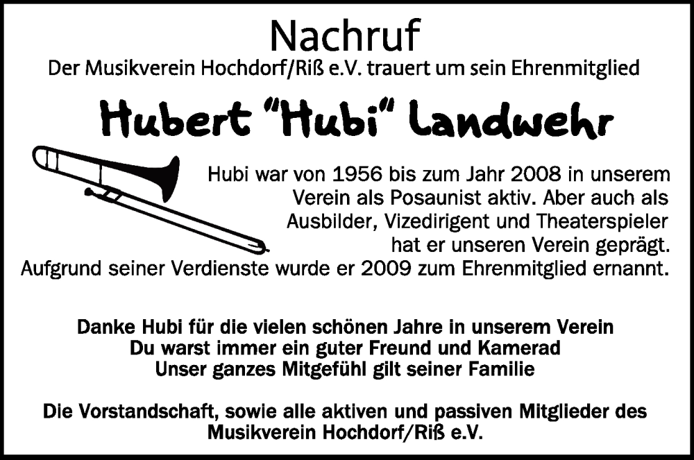  Traueranzeige für Hubert Landwehr vom 25.03.2023 aus Schwäbische Zeitung