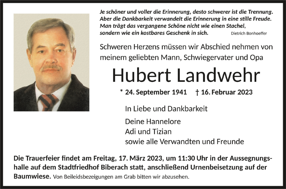  Traueranzeige für Hubert Landwehr vom 15.03.2023 aus Schwäbische Zeitung