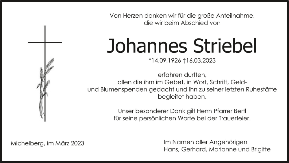  Traueranzeige für Johannes Striebel vom 25.03.2023 aus Schwäbische Zeitung