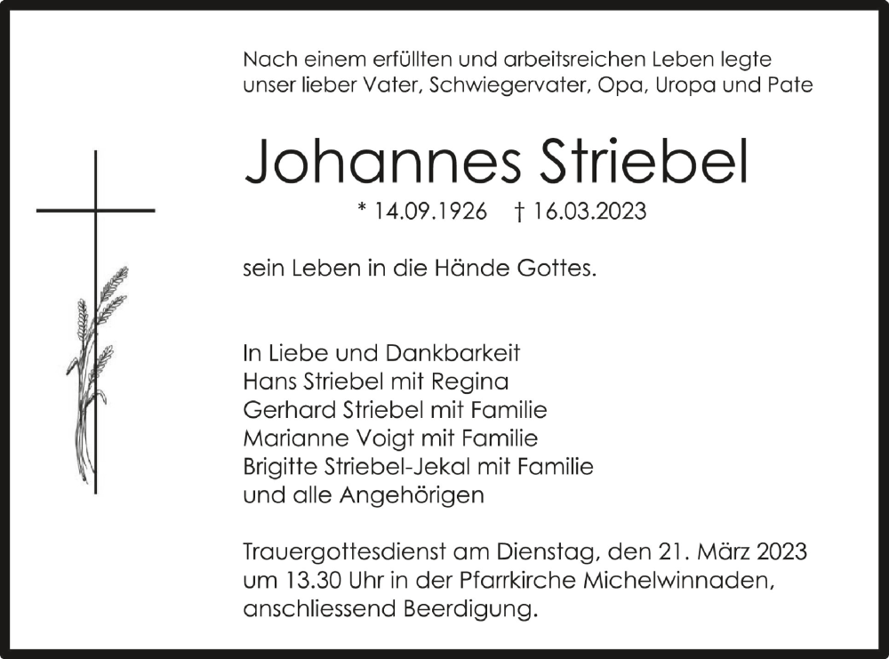  Traueranzeige für Johannes Striebel vom 18.03.2023 aus Schwäbische Zeitung