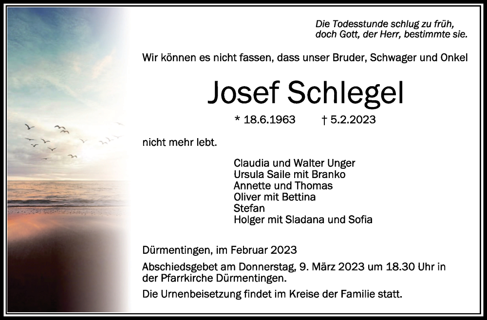  Traueranzeige für Josef Schlegel vom 06.03.2023 aus Schwäbische Zeitung