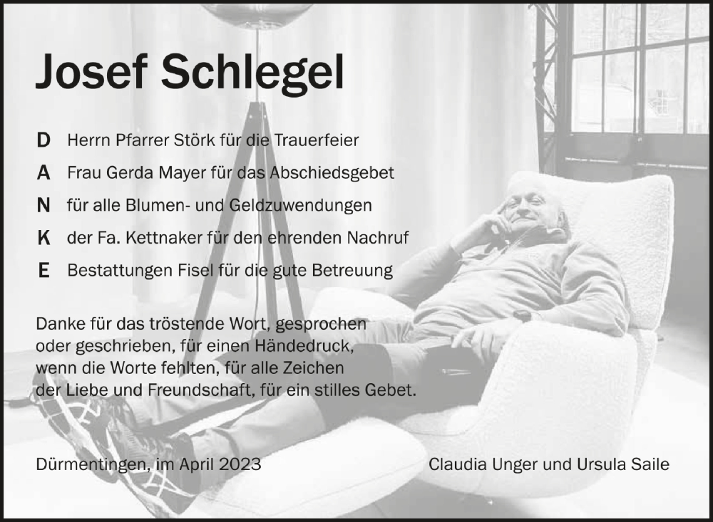  Traueranzeige für Josef Schlegel vom 01.04.2023 aus Schwäbische Zeitung