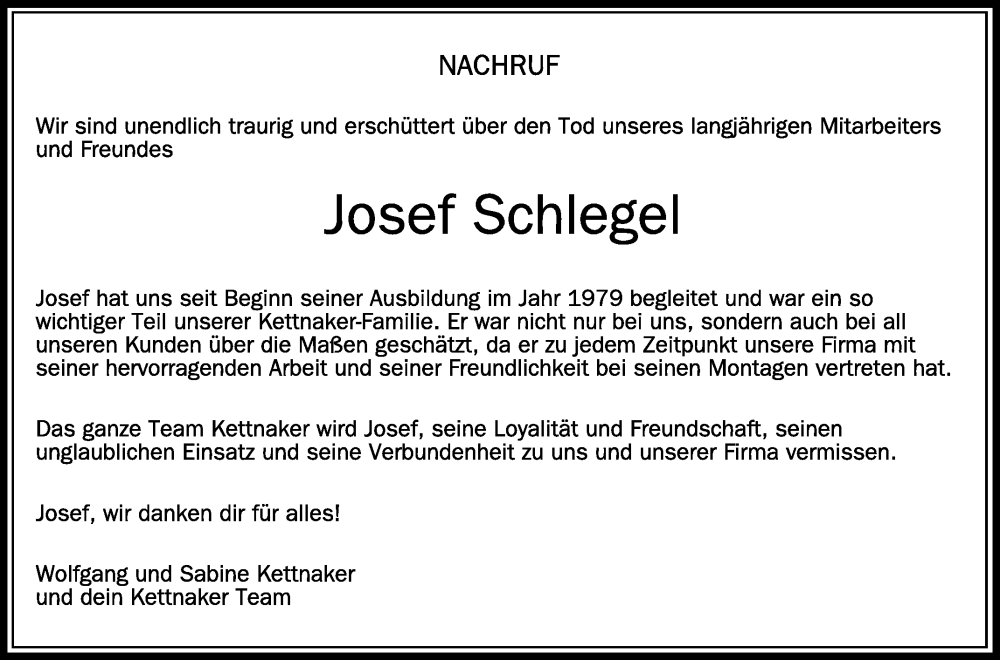  Traueranzeige für Josef Schlegel vom 07.03.2023 aus Schwäbische Zeitung