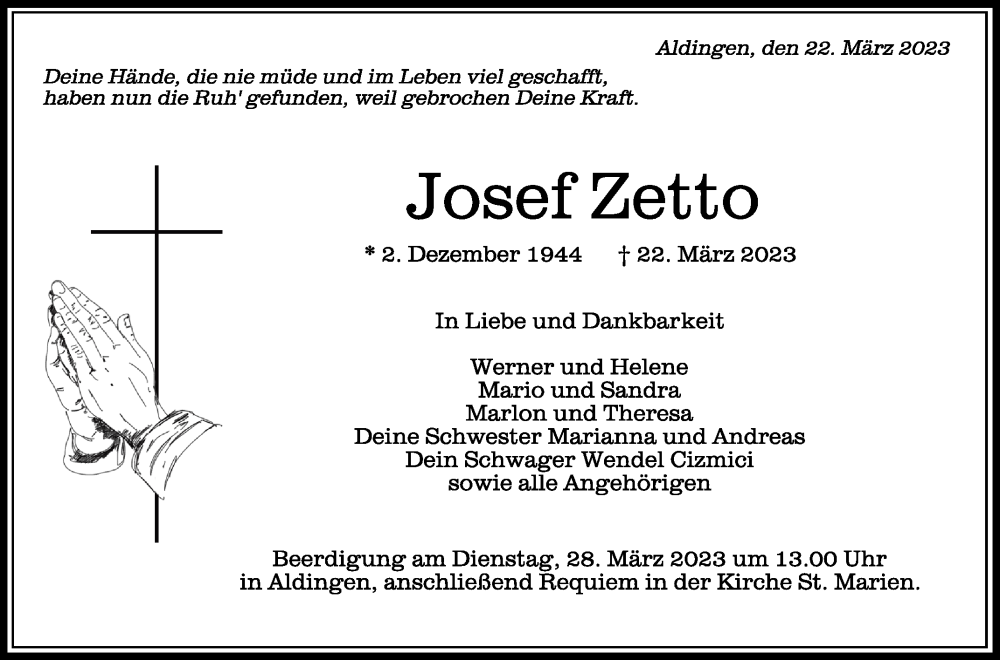  Traueranzeige für Josef Zetto vom 25.03.2023 aus Schwäbische Zeitung