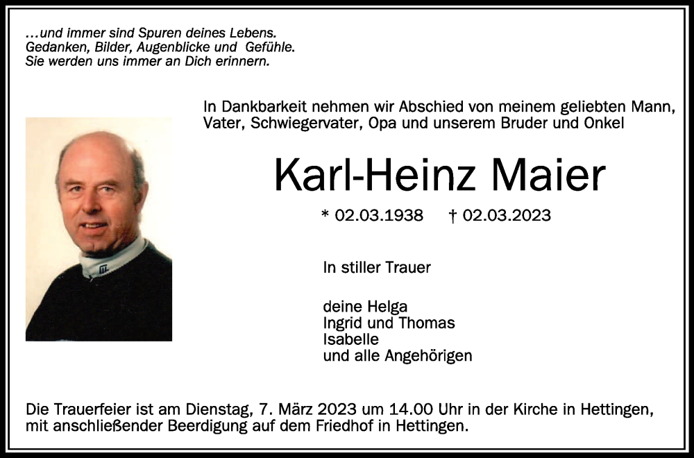  Traueranzeige für Karl-Heinz Maier vom 04.03.2023 aus Schwäbische Zeitung