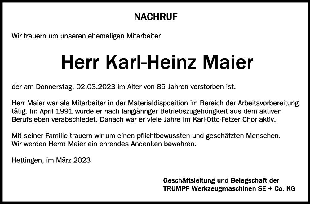  Traueranzeige für Karl-Heinz Maier vom 14.03.2023 aus Schwäbische Zeitung